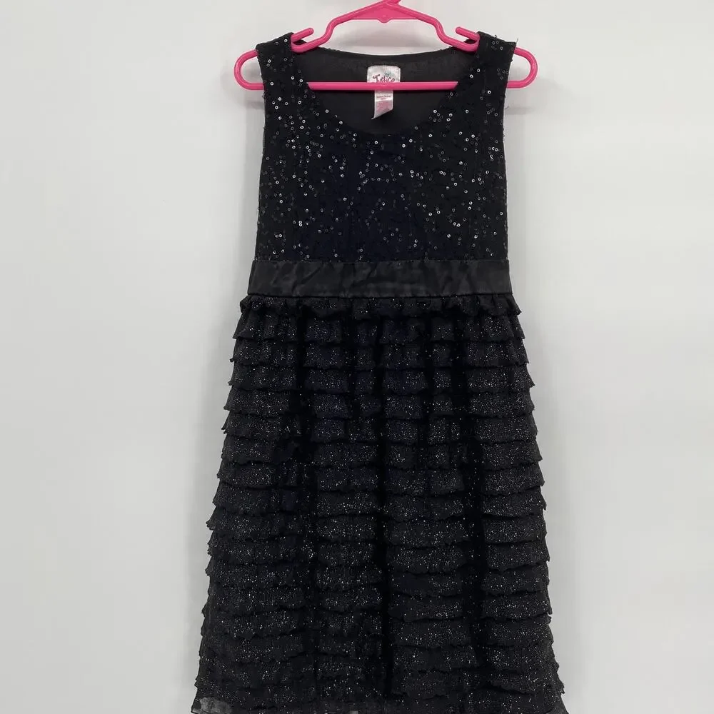 Justice Sleeveless Tank Dress Black Sequin Ruffles Fit & Flare Tie Back size 8